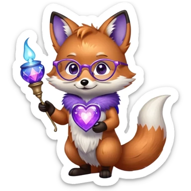 A small magical fox with shimmering purple and blue fur, a glowing fluffy tail, a silver star on its forehead, and round glasses, holding a tiny magical lantern, with heart-shaped eyes, looking in love. 🦊😍 sticker