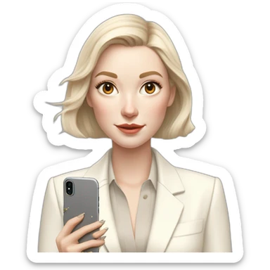 pale skin woman with ash blonde Straightened bob Hair, White Spacious classical jacket, beige palazzo Arrow pants and gray blouse holding white IPhone 15 pro in the hands sticker