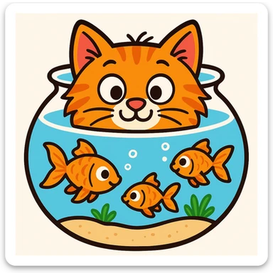 A red-haired cat and a goldfish aquarium in emoji style, more cartoonish sticker