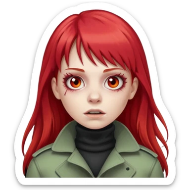 Crie um emoji de uma menina zumbi  com o cabelo vermelho longo com uma franja reta casaco de gola alta da adidas sticker