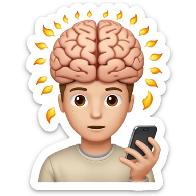 person looking at a smartphone with brain sizzling or sparking sticker