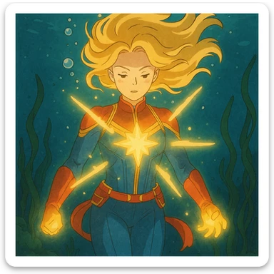 Captain Marvel underwater, glowing energy, flowing hair, ghibli style sticker