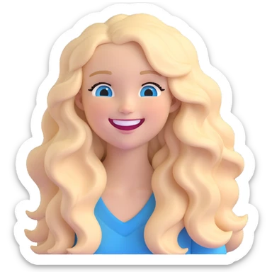 3D emoji of a white girl with long wavy blonde hair, blue eyes, laughing sticker