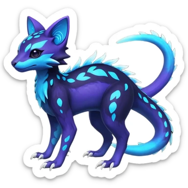 Rare realistic dark black with glowing blue bioluminescent edgy badass epic pretty beautiful handsome gorgeous aesthetic colorful vibrant Vernid-Trico-Amaura-species-Fakemon-creature by LiLaiRa, 4 legs, 1 tail, random markings, (full body) sticker