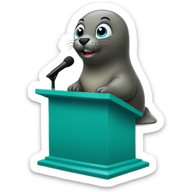 teal seal giving a speech behind a podium sticker