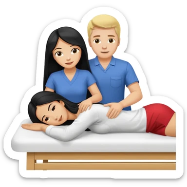 Philippines woman with long hair is on massage table. a blond white man is massaging her sticker