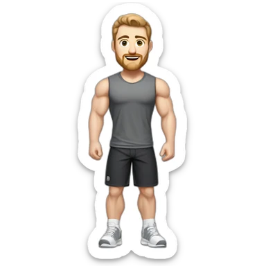 Full height Pale skinned fit man With biceps, Realistic eyes and mouth, light brown hair and stubble In dark gray sleeveless mike, black oversize sports shorts, watch and white sneakers. sticker