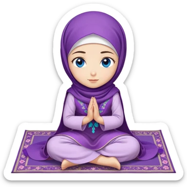 Turkish beautiful finish Konya girl blue eyes with purple flower hijab long tail dress and sits on the pray mat namaz on the ground with Islamic dua  sticker