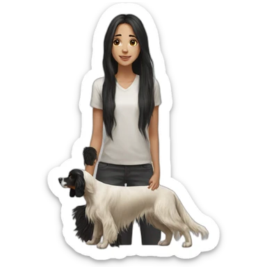 hyperrealist caucasian girl black long hair with brown english setter dog sticker