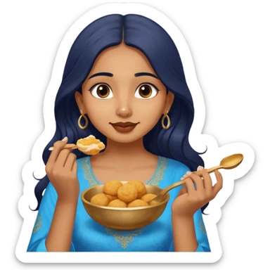 a pretty tan indian bratz girl. eyeliner on, wearing a blue kurti, eating golgappa. NO SPOON. wavy long BLACK coloured hair sticker