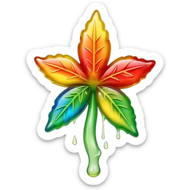 generate an emoji-style image of a juicy gummy shaped like a marijuana flower, make it colorful and with liquid dripping out sticker