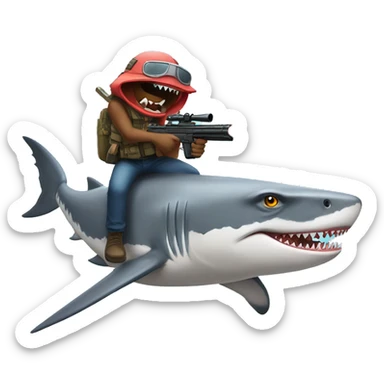 Raptor shooting laser guns while riding a shark sticker
