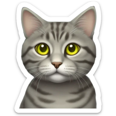 american short hair cat- tabby- a little bit fat- green yellow eyes- the distances between eyes is a little bit far- gray hair- fluffy- looks cute sticker