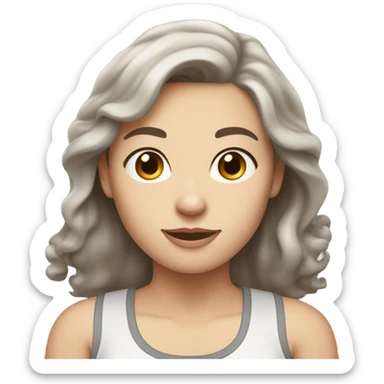 A white-skinned woman with slightly wavy brown hair below her shoulders, gray eyes, and a milky tank top sticker