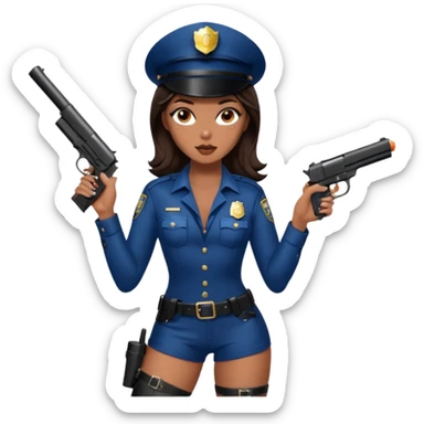 A sexy girl. with caramel skin. Dark brown hair and brown eyes. She has freckles. Wearing sexy makeup. Dressed as a sexy cop. wearing lingerie. Wearing heels on her feet. Holding a gun sticker