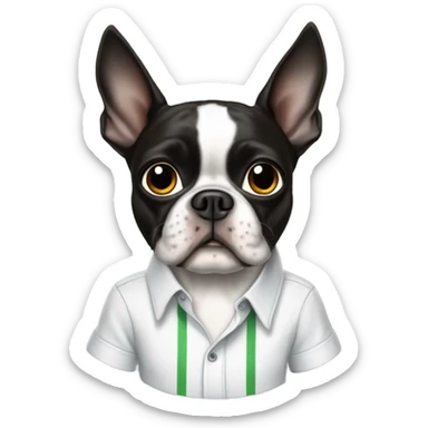 Boston terrier with a shirt that has a cricket on it sticker