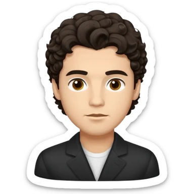 He’s a man with light to medium skin, a defined oval face, full brows, deep-set eyes, and wavy short dark brown tall puffy hair styled with height, sides are trimmed. expression calm and focused relaxed black open-collar .polished, articulate, and coach vibe. sticker