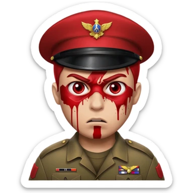 soldier with red skin tone, angry expression, blood splatter on left cheek sticker