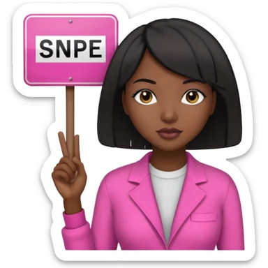 Dark skin woman with black bob in hair holding sign that says snipe  wearing pink outfit  sticker