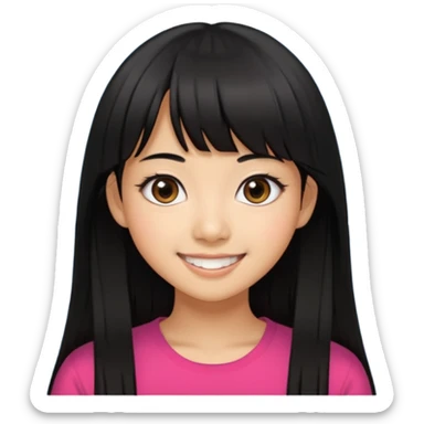 20 yr old asian woman hair  center part big eyes big smile tanned skin straight black hair center part hair long bangs sticker