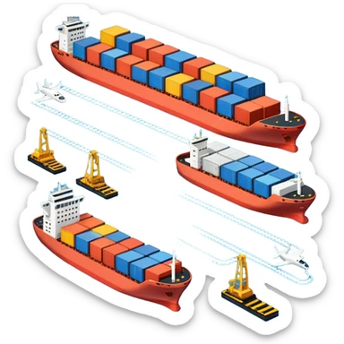 emoji in apple style showing supply chain as a sequence of clear symbols: cargo ship, truck, industrial factory, all elements side by side connected by lines, friendly colors, neutral background, top-down view sticker