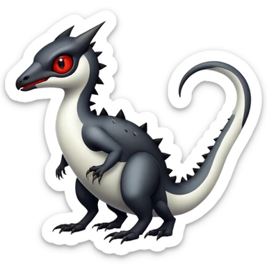 a white exotic edgy vernid-fionbr-Fakémon-creature, with black belly and red eyes, full body sticker