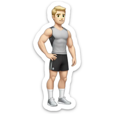 Pale skinned Fit Man With the biceps and dark brown hair in black shirt, gray sports shorts and white Sneakers Relies on the crossbar sticker