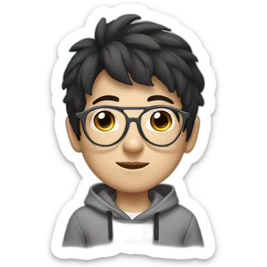 young boy with korean style black hair / big nose/ grey hoody / white glasses / white glasses sticker