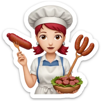 Charcutera con un chorizo y embutido en la mano con una redecilla en el pelo y delantal blanco y añade mucha carne alrededor sticker