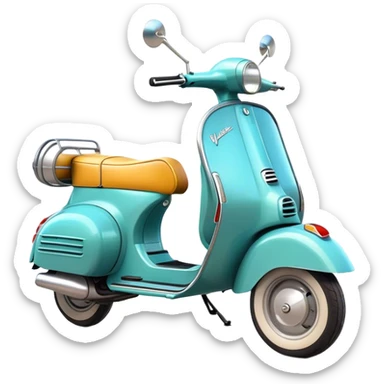 Cinematic Realistic Vespa Scooter Emoji, depicted as a stylish vintage Vespa with sleek retro design and vibrant colors, rendered with crisp textures and dynamic sunlit lighting that captures its iconic Italian charm. sticker