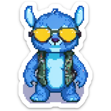 Stitch from Lilo & Stitch, pixel art style, wearing sunglasses, cool pose sticker