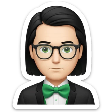 A male nerd with glasses and shoulder length black hair slicked back and wear Green Bow Tie sticker