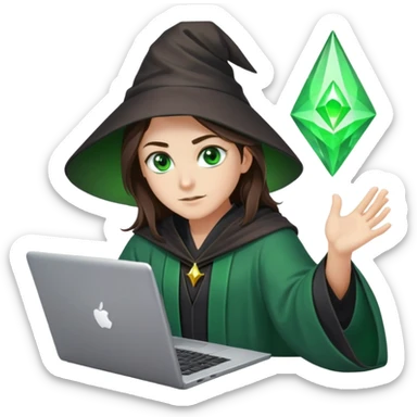 wizzard brunette hair on slickback, green eyes, dark robe green aura coding on laptop sticker