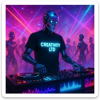 futuristic humanoid robot DJ performing at a vibrant robot party, wearing a black t-shirt with glowing 'CREATIVITY LTD' text, sleek DJ booth with LED panels pulsing waveforms, surrounded by neon lights, lasers, smoke, robots dancing with metallic silhouettes glowing in colorful lights, holographic displays and advanced tech creating energetic immersive atmosphere, glowing t-shirt highlighting individuality and creativity sticker