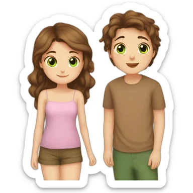 Girl with brown eyes and brown hair kisses boy with brown hair and green eyes and hugs brown fat cats sticker