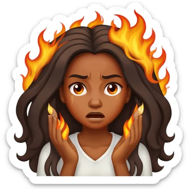 African American woman with long hair, frustrated face expression, with her hair on fire sticker