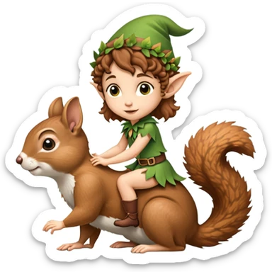 tiny forest elf short tight curly brown hair riding squirrel sticker