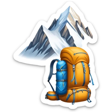 Icon for Mountain Tourism and Climbing: a mountain peak in the background, climbing gear and backpack. The icon should capture the adventure and challenge of alpine exploration. Transparent background. sticker