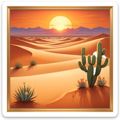 Cinematic Realistic Desert Emoji in a frame, Expansive and arid, with vast stretches of golden sand dunes and scattered cacti, the sun casting a warm, almost orange glow over the dry, cracked earth. The horizon blurs into a heat shimmer, while the occasional desert flower adds a splash of color to the barren landscape. Soft glowing outline, capturing the essence of the harsh yet stunning beauty of the desert, calm and quiet, filled with silence and mystery. sticker