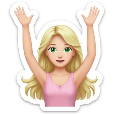 blonde with long hair and swamp green eyes, pink pastel dress, arms raised in joy sticker