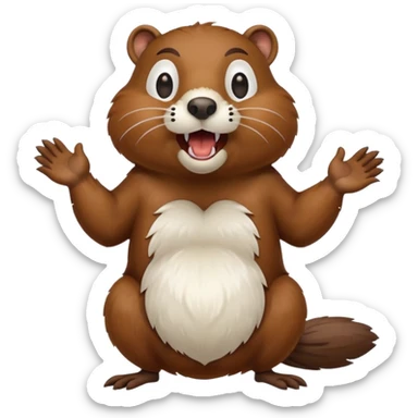  A crazy beaver is standing on its hind legs with its front paws stretched out in front of it. It has a brown fur coat with white fur around its eyes and nose. mouth is open, revealing sharp teeth.  sticker