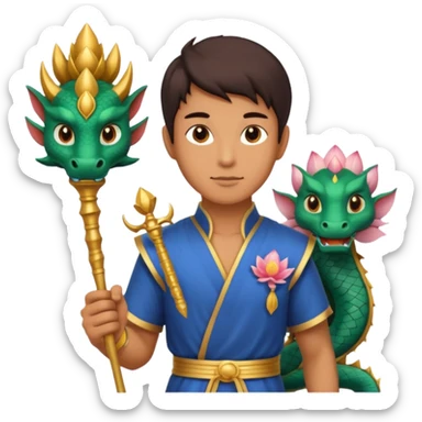 man with asian dragon, scepter, buddhism, lotus sticker