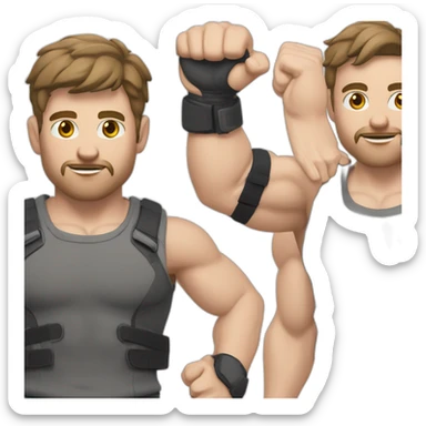 Close up Actively gesturing  with hands Pale skinned Fit Man With the biceps and brown hair in dark gray Sleeveless Mike, black oversize sports shorts, watch and white Sneakers sticker