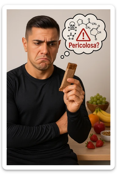 un uomo in abbigliamento sportivo tiene in mano una barretta proteica, osservandola con un’espressione scettica e preoccupata. Sopra la barretta, una nuvoletta di pensiero mostra simboli di allarme, ingredienti chimici e la scritta “Pericolosa?” in rosso. Sullo sfondo, frutta fresca e altri snack naturali sono visibili sul tavolo, sottolineando la sua preferenza per alternative più sane. sticker