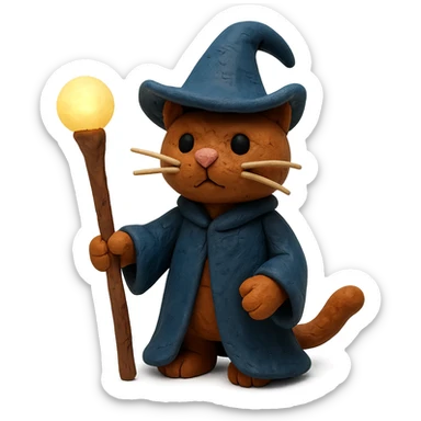 claymation style wizard cat with wizard hat and glowing staff sticker