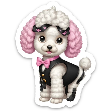 Caniche blanca con chaleco negro con un moño rosa sticker