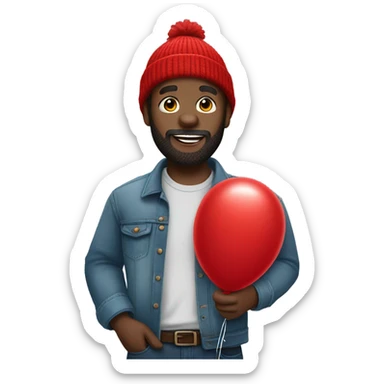 beard black guy with red beanie jean shirt and red balloon in hand sticker