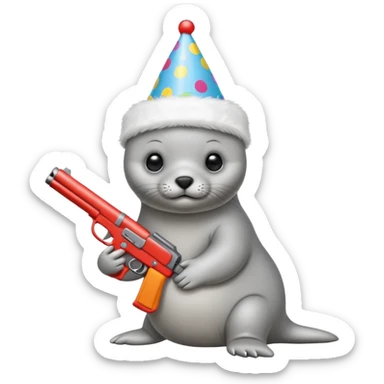 Baby seal wearing birthday hat holding a gun sticker