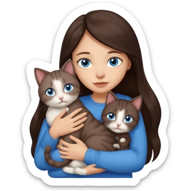 a pretty girl with long dark 
brown hair, with blue eyes, hugs 3 different natural coloured small cats sticker
