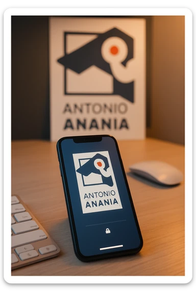 A photo of an iPhone on the desk with the logo of "Antonio Anania" on its screen, The phone sits atop a desk with a blurred with the logo in the background that suggests work environment. A faint glow from above casts gentle shadows across the surface of each object, creating depth and highlighting their textures sticker